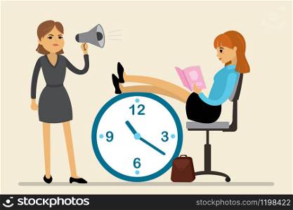 Caucasian businesswoman or office worker is sitting with her feet on clock and woman boss shouts at the office worker employee in the megaphone.Cartoon concept of time management. Flat vector