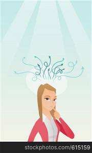 Caucasian businesswoman pointing finger up during process of business thinking. Business woman looking up and thinking. Business thinking concept. Vector flat design illustration. Vertical layout.. Businesswoman having business idea.