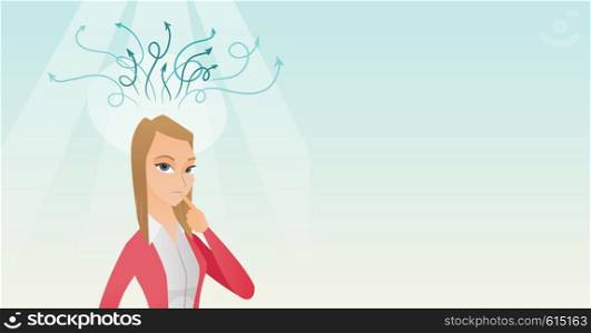 Caucasian businesswoman pointing finger up during process of business thinking. Business woman looking up and thinking. Business thinking concept. Vector flat design illustration. Horizontal layout.. Businesswoman having business idea.