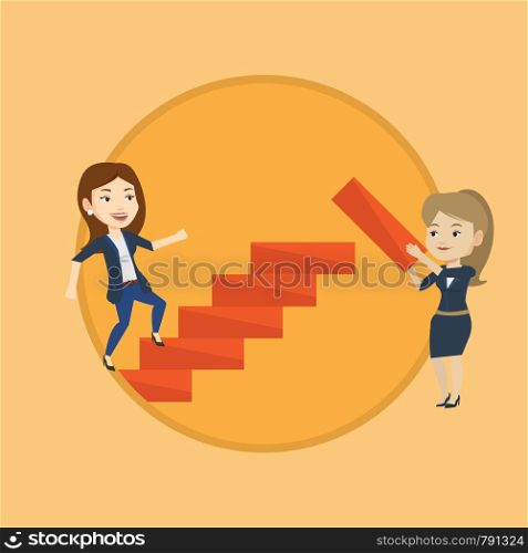 Caucasian businesswoman runs up the career ladder while another woman builds this ladder. Businesswoman climbing the career ladder. Vector flat design illustration in the circle isolated on background. Business woman runs up the career ladder.