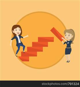 Caucasian businesswoman runs up the career ladder while another woman builds this ladder. Businesswoman climbing the career ladder. Vector flat design illustration in the circle isolated on background. Business woman runs up the career ladder.