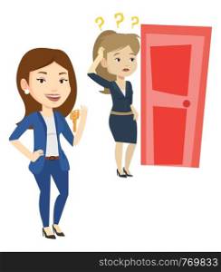 Caucasian businesswoman showing key on the background of young woman looking at door. Concept of making the right decision in business. Vector flat design illustration isolated on white background.. Making the right decisions in business.