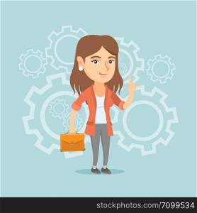 Caucasian businesswoman standing on the background of cogwheels and pointing finger up because she came up with business idea. Woman having business idea. Vector cartoon illustration. Square layout.. Caucasian businesswoman came up with business idea