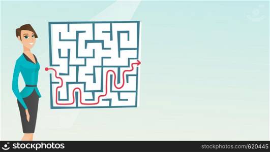 Caucasian businesswoman thinking about business solution. Young smiling businesswoman looking at labyrinth with solution. Business solution concept. Vector flat design illustration. Horizontal layout.. Business woman looking at labyrinth with solution