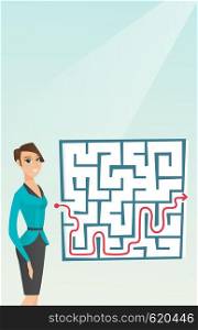 Caucasian businesswoman thinking about business solution. Young smiling businesswoman looking at labyrinth with solution. Business solution concept. Vector flat design illustration. Vertical layout.. Business woman looking at labyrinth with solution