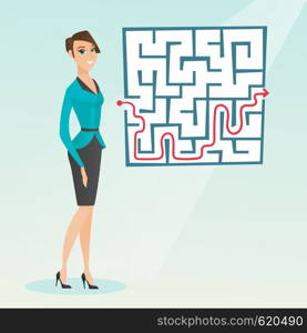 Caucasian businesswoman thinking about business solution. Young smiling businesswoman looking at labyrinth with solution. Business solution concept. Vector flat design illustration. Square layout.. Business woman looking at labyrinth with solution