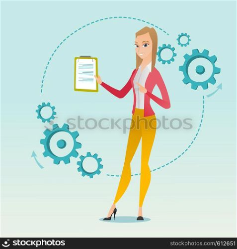 Caucasian businesswoman using clipboard for business presentation. Young business woman giving business presentation. Business presentation concept. Vector flat design illustration. Square layout.. Business woman giving business presentation.