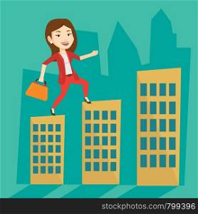 Caucasian businesswoman walking on the roofs of city buildings. Businesswoman walking on the roofs of skyscrapers. Businesswoman walking to the success. Vector flat design illustration. Square layout.. Business woman walking on the roofs of buildings.