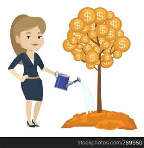 Caucasian businesswoman watering money tree. Businesswoman investing money in business project. Concept of investment money in business. Vector flat design illustration isolated on white background.. Woman watering money tree vector illustration.