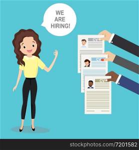 Caucasian Businesswoman white speech bubble with we are hiring text,different hands holding cv resume pages,job search concept,flat vector illustration