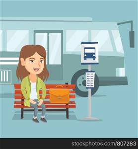 Caucasian businesswoman with a briefcase waiting for a bus at the bus stop. Young woman sitting at the bus stop. Happy woman sitting on a bus stop bench. Vector cartoon illustration. Square layout.. Caucasian woman waiting for a bus at the bus stop.
