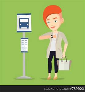 Caucasian businesswoman with briefcase waiting at the bus stop. Young businesswoman standing at the bus stop. Woman looking at her watch at the bus stop. Vector flat design illustration. Square layout. Woman waiting at the bus stop vector illustration.