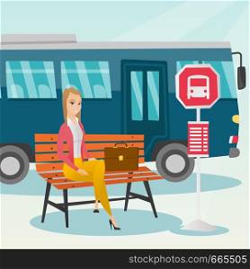 Caucasian businesswoman with briefcase waiting for a bus at the bus stop. Young woman sitting at the bus stop. Happy woman sitting on a bus stop bench. Vector cartoon illustration. Square layout.. Caucasian woman waiting for a bus at the bus stop.