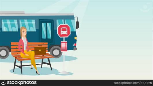 Caucasian businesswoman with briefcase waiting for a bus at the bus stop. Young woman sitting at the bus stop. Happy woman sitting on a bus stop bench. Vector cartoon illustration. Horizontal layout.. Caucasian woman waiting for a bus at the bus stop.
