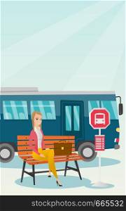 Caucasian businesswoman with briefcase waiting for a bus at the bus stop. Young woman sitting at the bus stop. Happy woman sitting on a bus stop bench. Vector cartoon illustration. Vertical layout.. Caucasian woman waiting for a bus at the bus stop.
