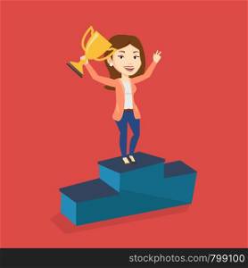 Caucasian businesswoman with business award standing on a pedestal. Cheerful businesswoman celebrating her business award. Business award concept. Vector flat design illustration. Square layout.. Businesswoman proud of her business award.