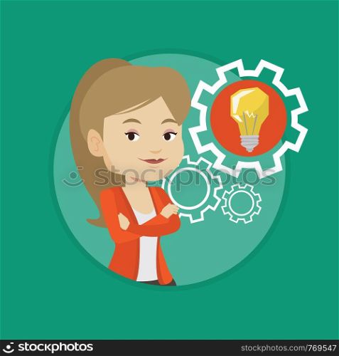 Caucasian businesswoman with business idea bulb in a cogwheel. Businesswoman having a business idea. Concept of business idea. Vector flat design illustration in the circle isolated on background.. Woman with business idea bulb in gear.
