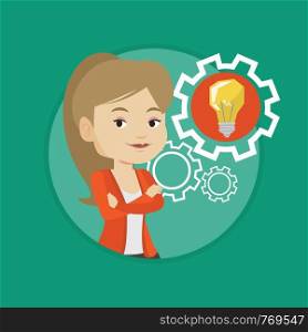 Caucasian businesswoman with business idea bulb in a cogwheel. Businesswoman having a business idea. Concept of business idea. Vector flat design illustration in the circle isolated on background.. Woman with business idea bulb in gear.