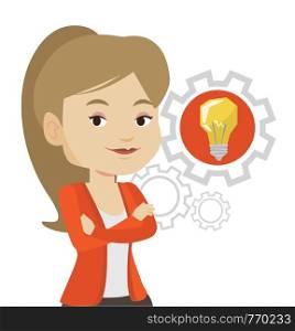 Caucasian businesswoman with business idea bulb in a cogwheel. Businesswoman having a business idea. Concept of successful business idea. Vector flat design illustration isolated on white background.. Woman with business idea bulb in gear.