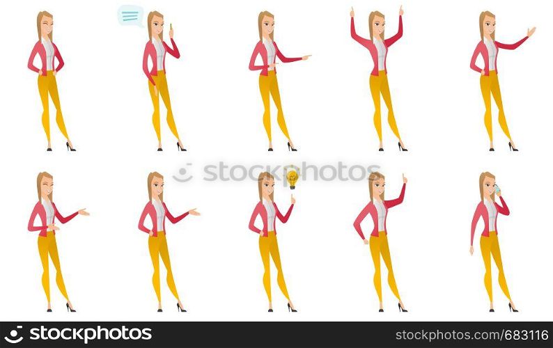 Caucasian businesswoman with speech bubble. Business woman giving speech. Business woman with speech bubble coming out of her head. Set of vector flat design illustrations isolated on white background. Vector set of illustrations with business people.