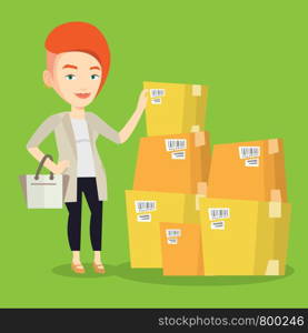 Caucasian businesswoman working in warehouse. Businesswoman checking boxes in warehouse. Young business woman preparing goods for dispatch in warehouse. Vector flat design illustration. Square layout.. Business woman checking boxes in warehouse.