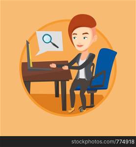 Caucasian businesswoman working on laptop in office and searching information on internet. Internet search and job search concept. Vector flat design illustration in the circle isolated on background.. Business woman working on her laptop.