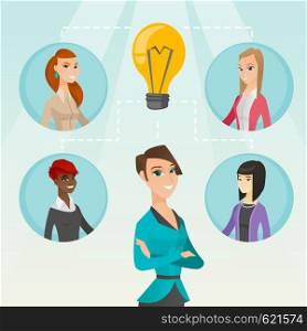 Caucasian businesswomen working on a business ideas. Businesswomen discussing business idea. Group of businesswomen connected by one idea light bulb. Vector flat design illustration. Square layout.. Businesswomen discussing business ideas.