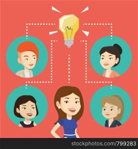 Caucasian businesswomen working on business ideas. Businesswomen discussing business idea. Group of businesswomen connected by one idea light bulb. Vector flat design illustration. Square layout.. Businesswomen discussing business ideas.