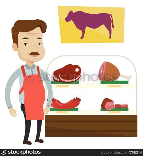 Caucasian butcher offering meat at display in butcher shop. Butcher at work at the counter in butchery. Butcher proud of his butcher shop. Vector flat design illustration isolated on white background.. Butcher offering fresh meat in butchershop.