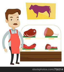 Caucasian butcher offering meat at display in butcher shop. Butcher at work at the counter in butchery. Butcher proud of his butcher shop. Vector flat design illustration isolated on white background.. Butcher offering fresh meat in butchershop.