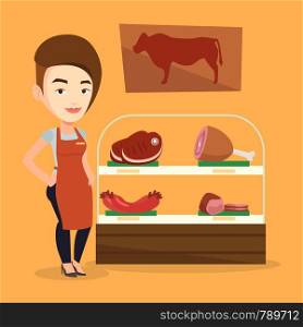 Caucasian butcher offering meat at display in butchery. Butcher at work at the counter in butchery. Butcher standing on the background of storefront. Vector flat design illustration. Square layout.. Butcher offering fresh meat in butchershop.