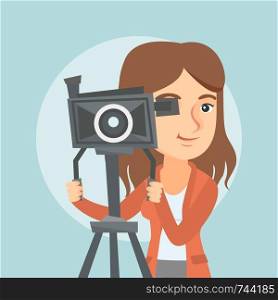 Caucasian cameraman looking through a movie camera on a tripod. Young cameraman with a professional video camera. Female cameraman taking a video. Vector cartoon illustration. Square layout.. Caucasian cameraman with movie camera on tripod.