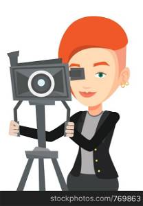 Caucasian cameraman looking through movie camera on a tripod. Cameraman with professional video camera. Female cameraman taking a video. Vector flat design illustration isolated on white background.. Cameraman with movie camera on tripod.