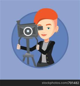 Caucasian cameraman looking through movie camera on a tripod. Cameraman with professional video camera. Cameraman taking a video. Vector flat design illustration in the circle isolated on background.. Cameraman with movie camera on tripod.