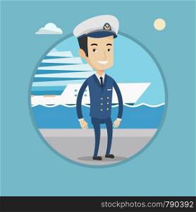Caucasian captain on the background cruise ship. Ship captain in uniform on seacoast background. Ship captain standing at the port. Vector flat design illustration in the circle isolated on background. Smiling ship captain in uniform at the port.