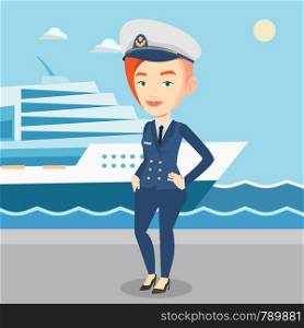 Caucasian captain on the background of sea and cruise ship. Smiling ship captain in uniform on seacoast background. Ship captain standing at the port. Vector flat design illustration. Square layout.. Smiling ship captain in uniform at the port.