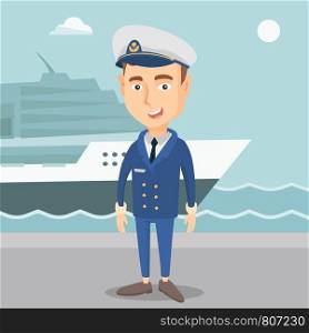 Caucasian captain standing on the background of sea and cruise ship. Young smiling ship captain in uniform standing on the seacoast background. Vector flat design illustration. Square layout.. Smiling ship captain in uniform at the port.