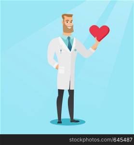 Caucasian cardiologist in medical coat showing a heart. Doctor cardiologist holding a heart. Concept of health care and prevention of heart problems. Vector flat design illustration. Square layout.. Doctor cardiologist holding heart.