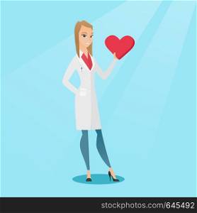 Caucasian cardiologist in medical coat showing a heart. Doctor cardiologist holding a heart. Concept of health care and prevention of heart problems. Vector flat design illustration. Square layout.. Doctor cardiologist holding heart.