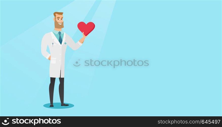 Caucasian cardiologist in medical coat showing a heart. Doctor cardiologist holding a heart. Concept of health care and prevention of heart problems. Vector flat design illustration. Horizontal layout. Doctor cardiologist holding heart.