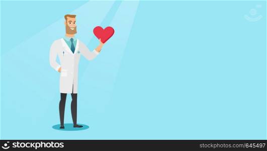 Caucasian cardiologist in medical coat showing a heart. Doctor cardiologist holding a heart. Concept of health care and prevention of heart problems. Vector flat design illustration. Horizontal layout. Doctor cardiologist holding heart.