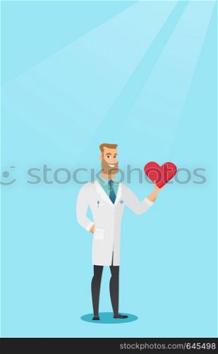 Caucasian cardiologist in medical coat showing a heart. Doctor cardiologist holding a heart. Concept of health care and prevention of heart problems. Vector flat design illustration. Vertical layout.. Doctor cardiologist holding heart.