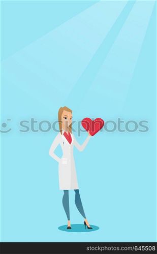 Caucasian cardiologist in medical coat showing a heart. Doctor cardiologist holding a heart. Concept of health care and prevention of heart problems. Vector flat design illustration. Vertical layout.. Doctor cardiologist holding heart.