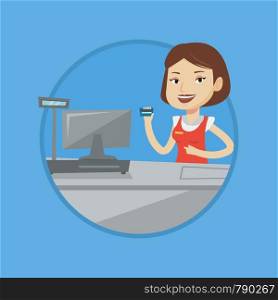 Caucasian cashier holding credit card at the checkout in supermarket. Cashier working at checkout. Cashier pointing at credit card. Vector flat design illustration in the circle isolated on background. Cashier holding credit card at the checkout.