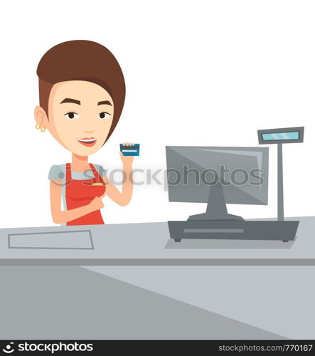 Caucasian cashier standing at the checkout in supermarket and showing credit card. Happy cashier working at the checkout in a supermarket. Vector flat design illustration isolated on white background.. Cashier holding credit card at the checkout.