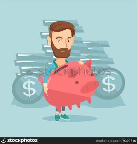 Caucasian cheerful business man with a piggy bank. Business man holding a big piggy bank. Hipster businessman with beard saving money in a piggy bank. Vector flat design illustration. Square layout.. Business man holding big piggy bank.