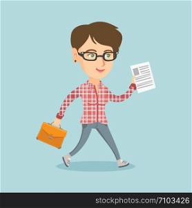 Caucasian cheerful business woman running with briefcase and a document. Young happy smiling business woman running in a hurry. Vector cartoon illustration. Square layout.. Business woman running with briefcase and document
