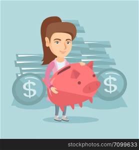 Caucasian cheerful business woman with a piggy bank in hands. Young business woman holding a big piggy bank. Business woman saving money in a piggy bank. Vector cartoon illustration. Square layout.. Caucasian business woman holding big piggy bank.