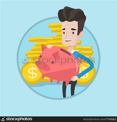 Caucasian cheerful businessman with a piggy bank. Businessman holding a big piggy bank on the background of stack of golden coins. Vector flat design illustration in the circle isolated on background.. Businessman carrying big piggy bank.