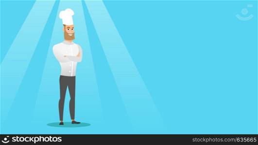 Caucasian cheerful chief cook in uniform and hat standing with arms crossed. Young caucasian chef cook. Full length of confident hipster chief cook. Vector flat design illustration. Horizontal layout.. Confident male chief cook with arms crossed.